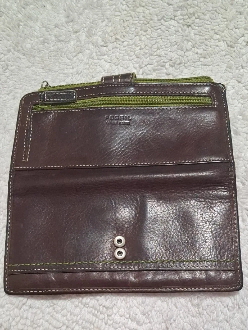 Fossil Dark Brown Wallet with Olive Green Zip Accent